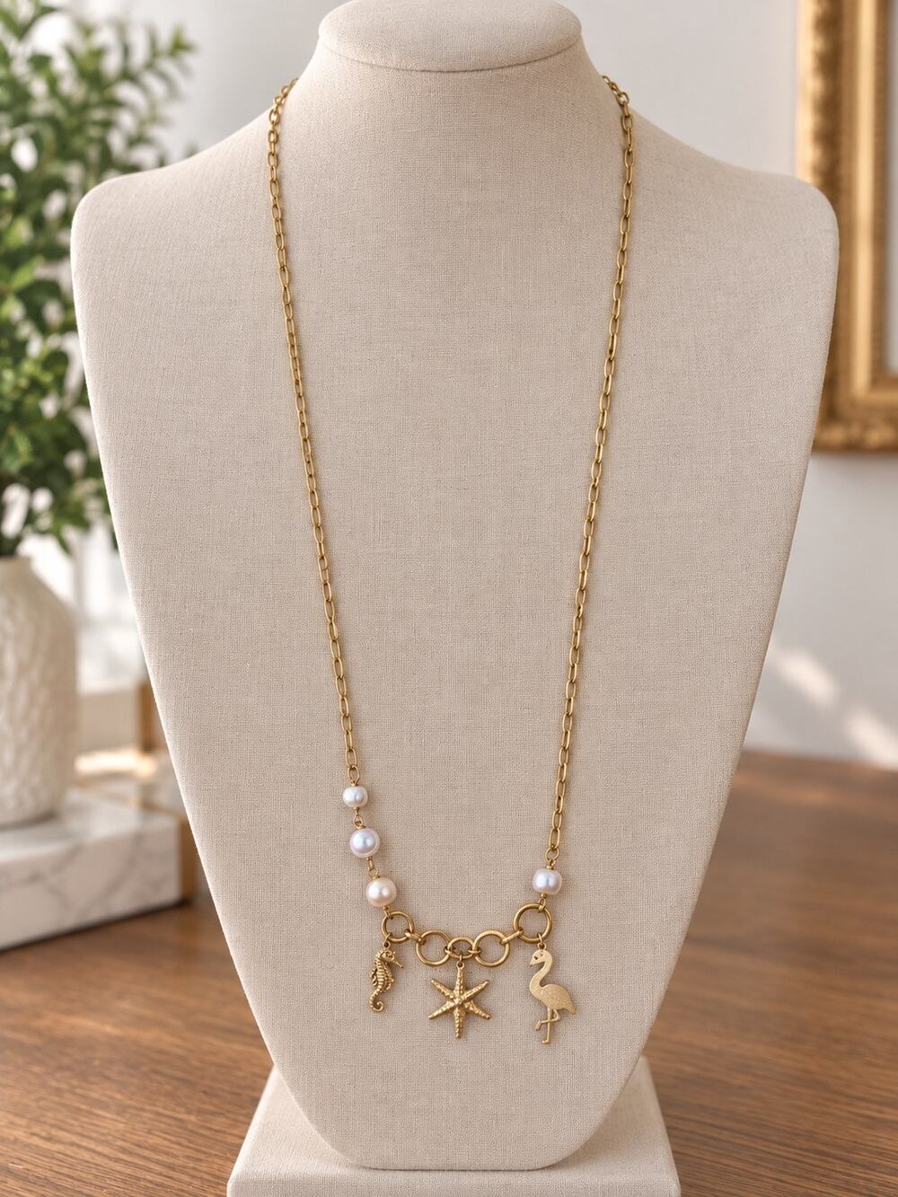 Pearl Starfish Flamingo Seahorse Chain Gold Tone Long Necklace Ocean Marine